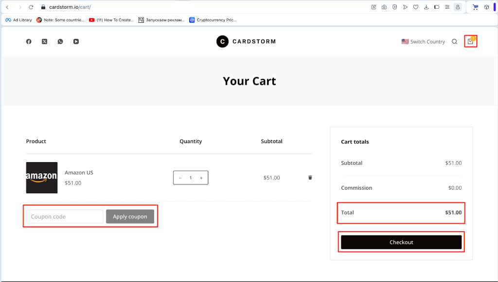 checkout on cardstorm website