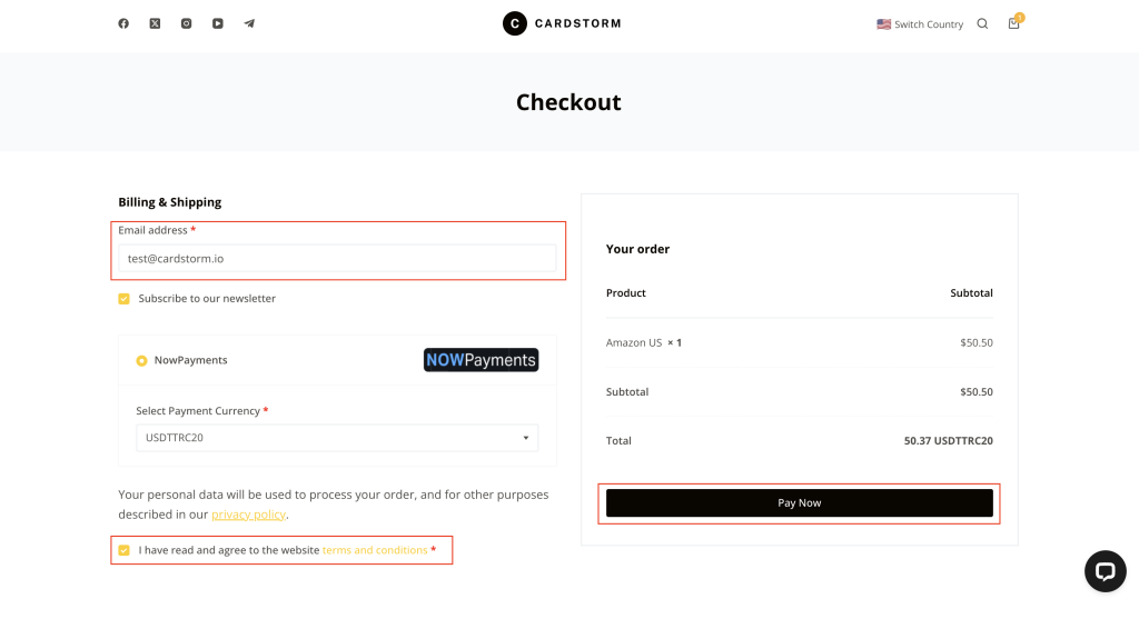 checkout process at cardstorm