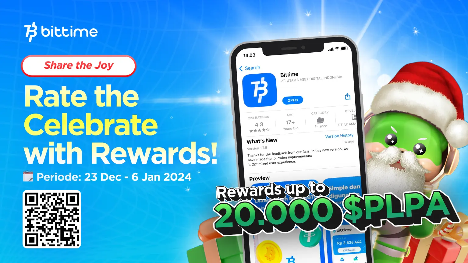 Promotional banner for Bittime with a festive theme. The image highlights a campaign titled 'Share the Joy: Rate to Celebrate with Rewards!' running from December 23, 2023, to January 6, 2024. It showcases a smartphone displaying the Bittime app page on the App Store, accompanied by a Santa-themed green mascot holding gifts. The banner emphasizes rewards of up to 20,000 $PLPA and includes a QR code for easy access.