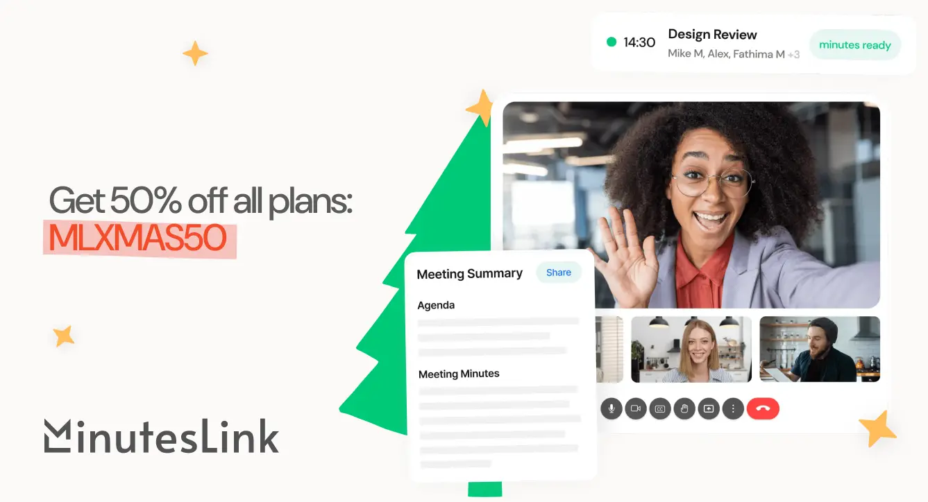 MinutesLink Christmas promotion banner offering 50% off all plans with code MLXMAS50. Features a virtual meeting screenshot with a smiling woman, a meeting summary preview, and festive elements like a Christmas tree and stars.