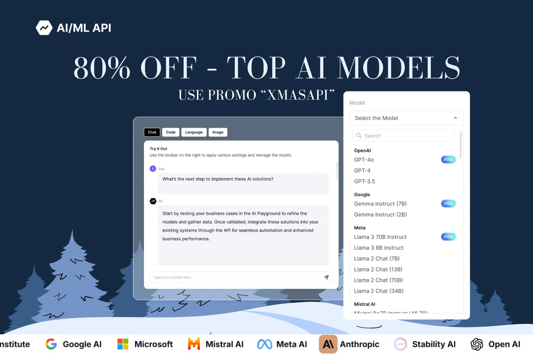 AI/ML API Christmas promotion banner offering 80% off top AI models with promo code XMASAPI. Features a user interface for AI model selection, including OpenAI GPT-4, Google Gemma, and Meta Llama models, with a snowy forest background and logos of AI providers like Google, Microsoft, and Anthropic.