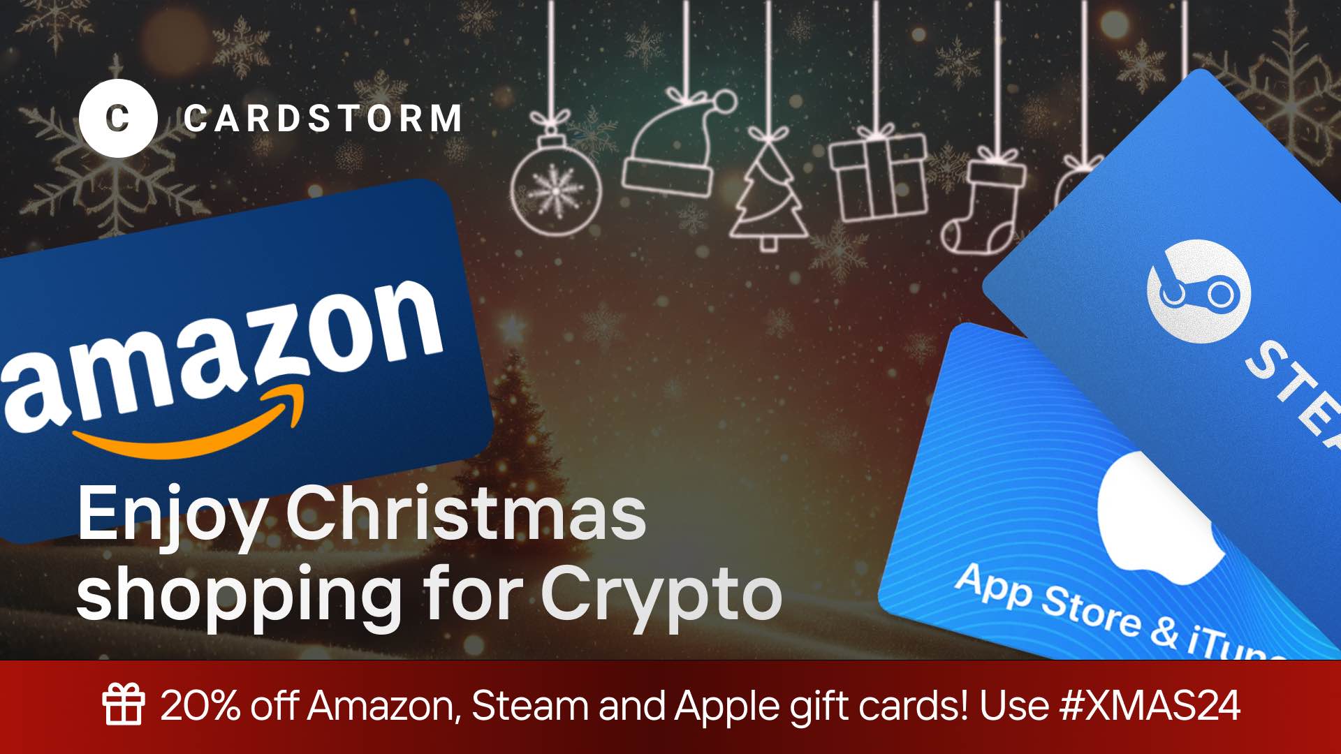 Cardstorm Christmas banner promoting holiday tech deal: 20% off Amazon, Steam, and Apple gift cards for crypto payments. Festive background with snowflakes, holiday ornaments, and gift cards. Text highlights: 'Enjoy Christmas shopping for Crypto' and promo code #XMAS24.