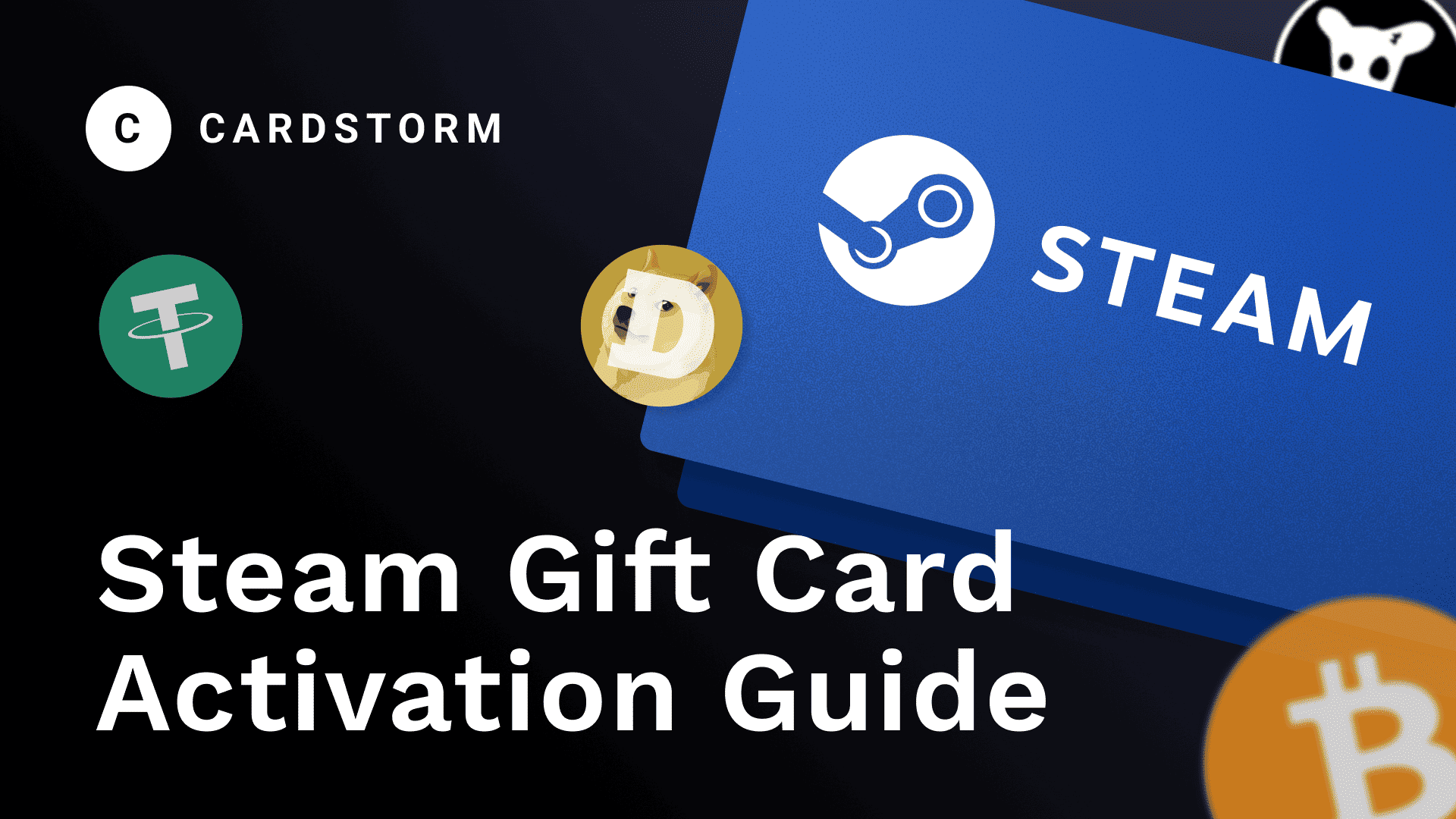 A guide to activating Steam Gift Cards purchased with cryptocurrency on the Cardstorm platform. Features logos of Bitcoin, Dogecoin, and Tether alongside the Steam logo.