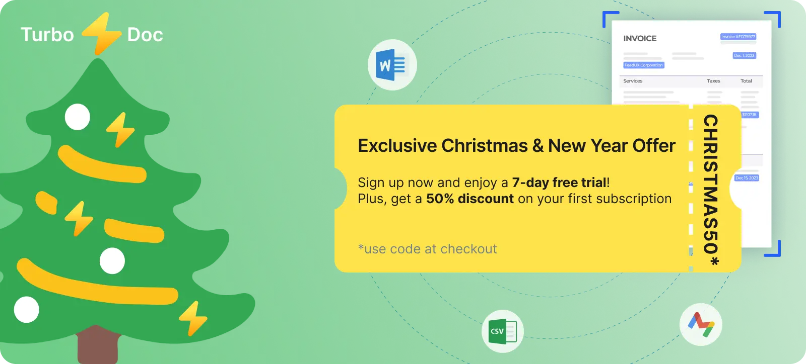 TurboDoc Christmas and New Year offer banner featuring a festive tree with lightning bolt decorations. Promo highlights: 7-day free trial and 50% discount with the code CHRISTMAS50. Background includes invoice and app icons for Word, CSV, and Google tools.