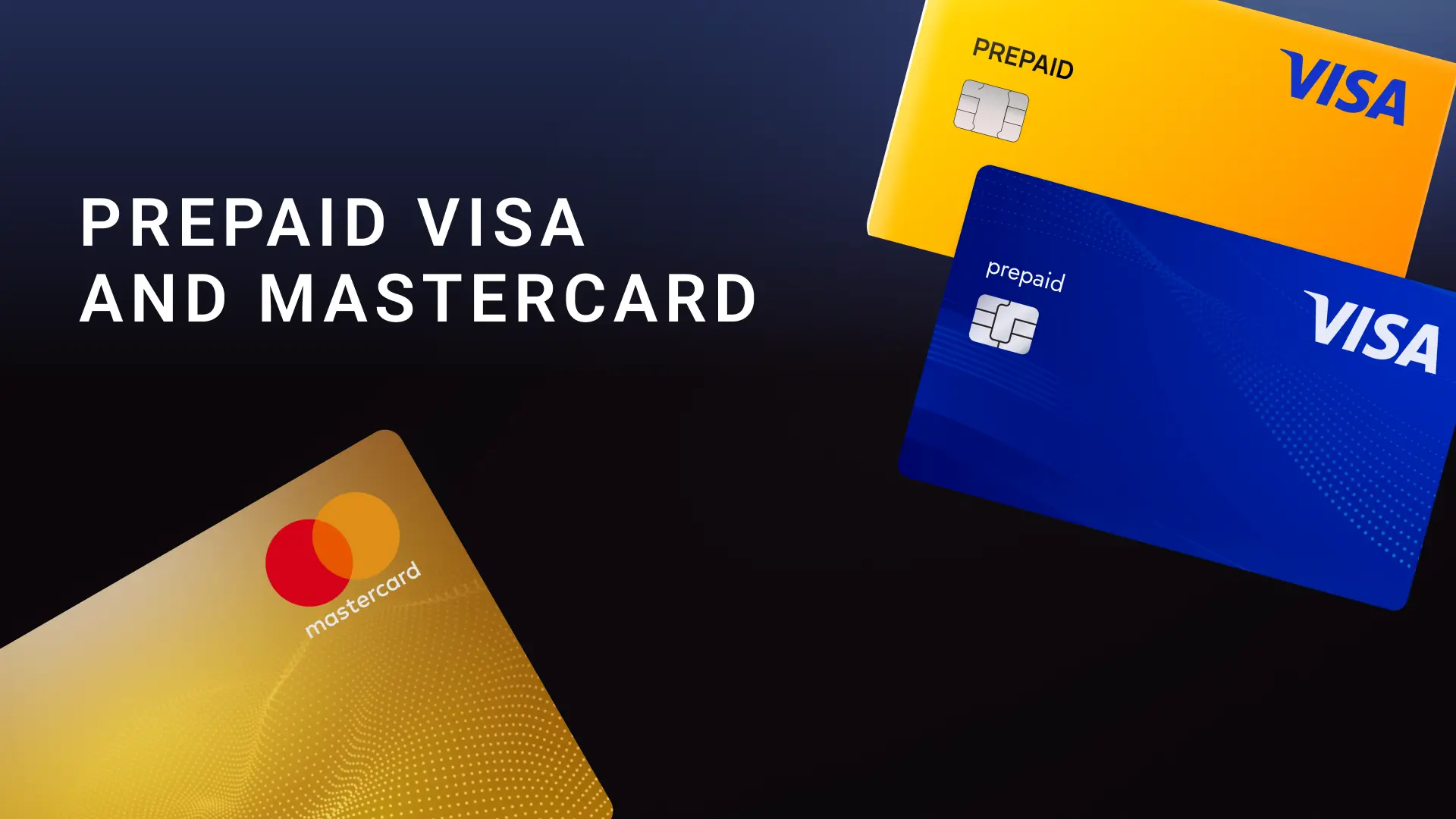 Image featuring prepaid Visa and Mastercard best crypto gift cards in vibrant yellow, blue, and gold colors, with the text 'Prepaid Visa and Mastercard' on a dark background.