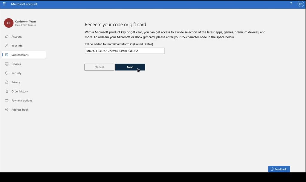 Microsoft redeem section view