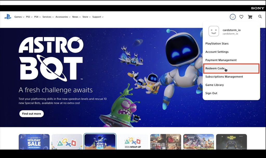 Click account and redeem section