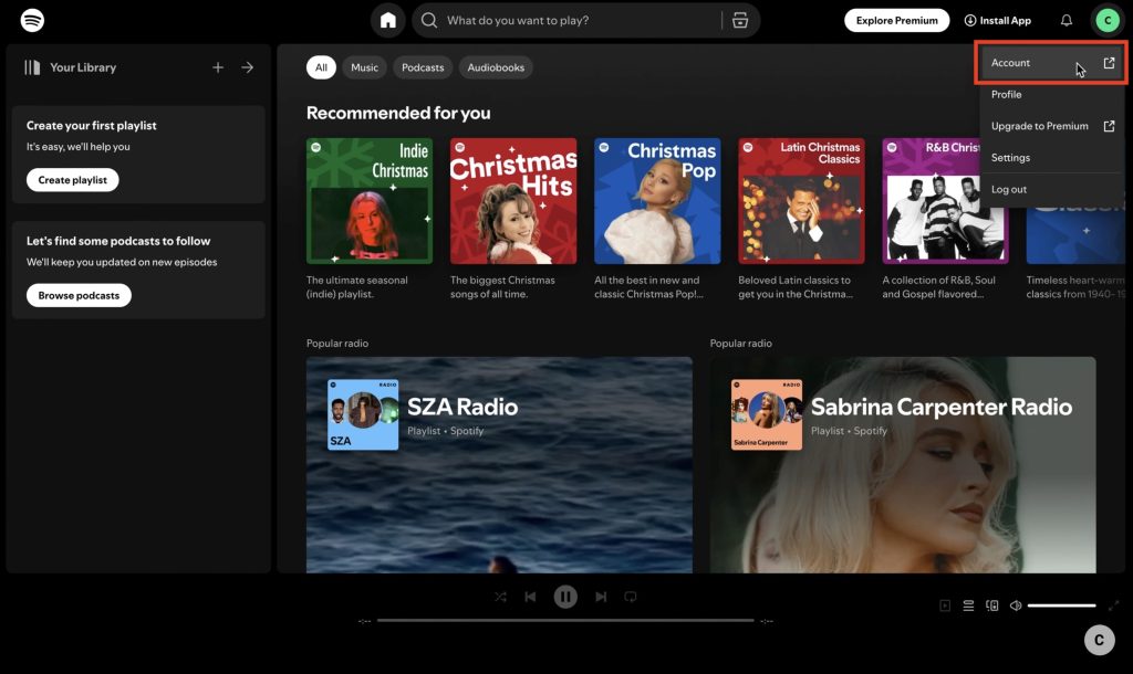 Spotify main page view