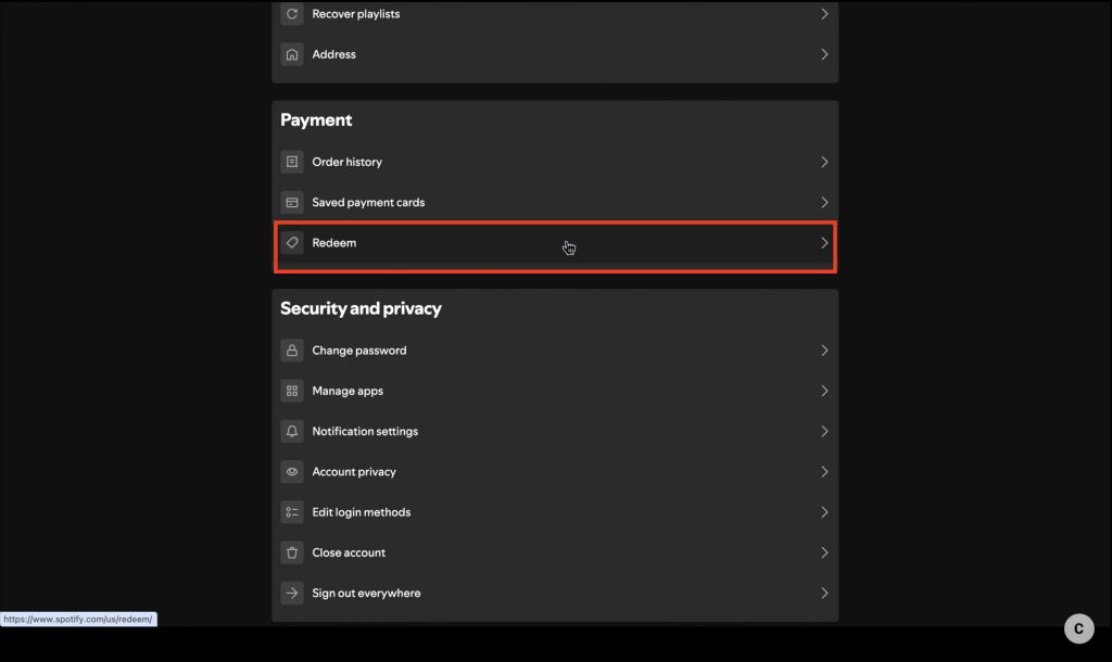 Redeem button on spotify