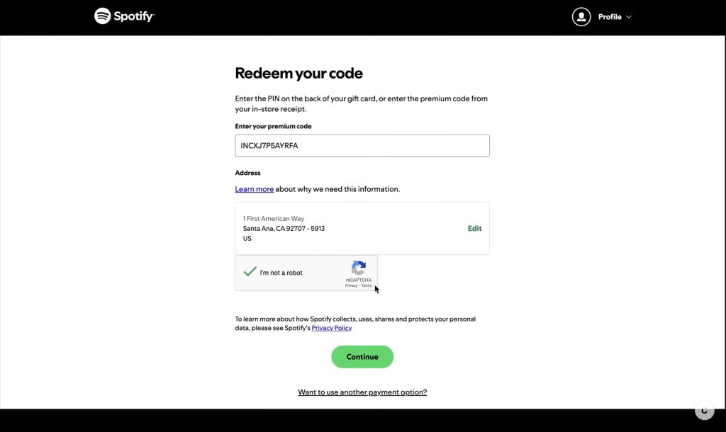 Enter your gift card code