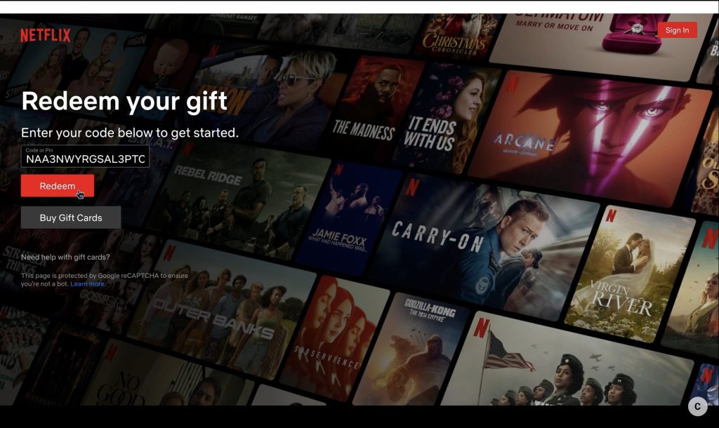 Netflix redeem page view