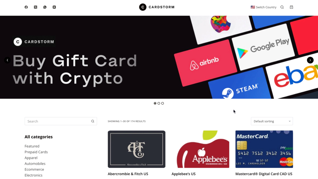 Main page of cardstorm.io with all the gift cards
